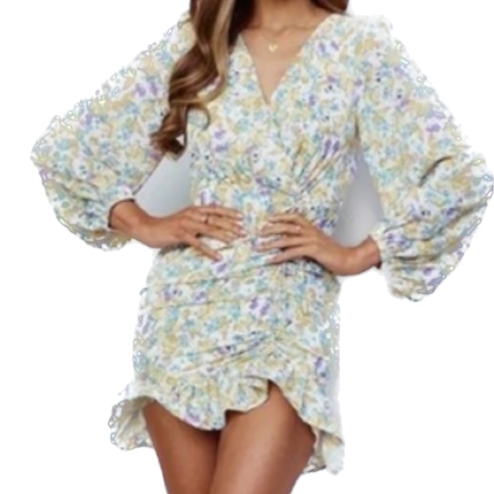 Elegant Summer Women Print Sexy V-Neck Long Sleeve Ruffles Mini Party Dress XL
